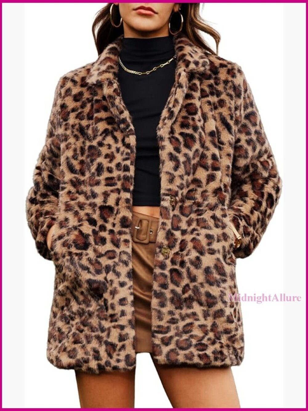 Faux Fur Leopard Coat Long Winter Jacket Notch Lapel Pockets